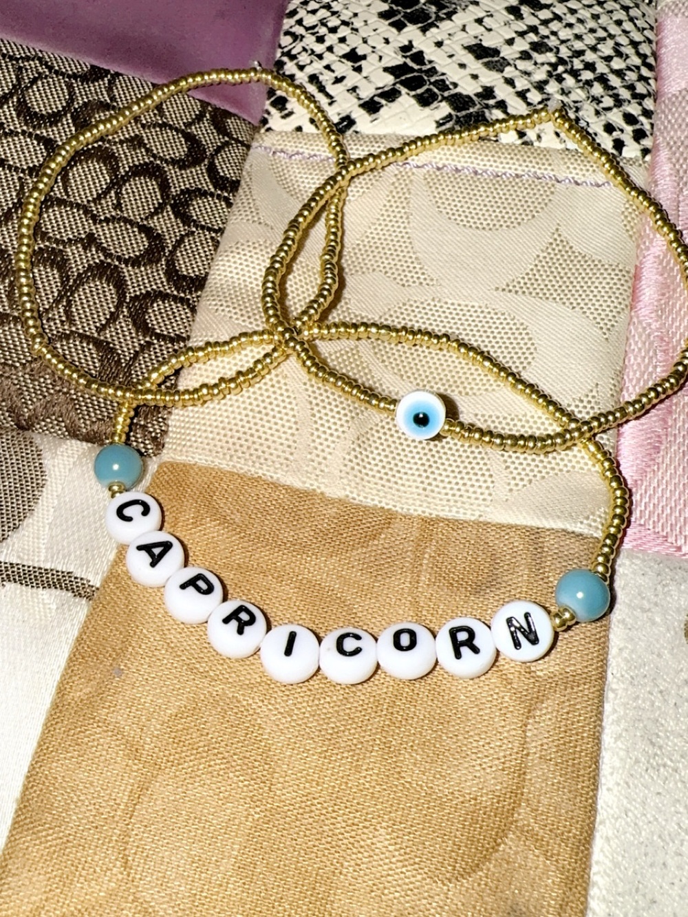 🌎Capricorn ♑️ set of 3 -zodiac bracelet-plain gold bracelet -evil eye bracelet-
